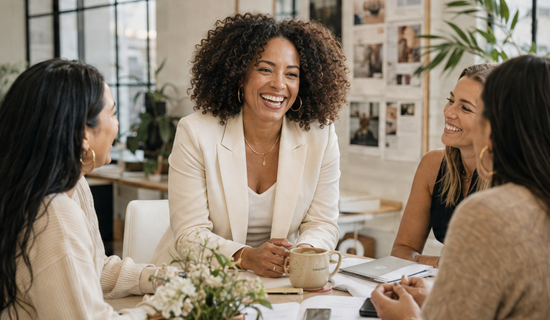 Founders laughing together around a work table