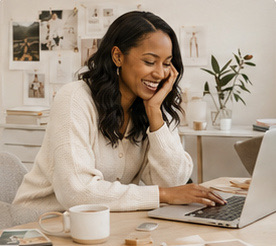 A founder laughing at her laptop in her studio