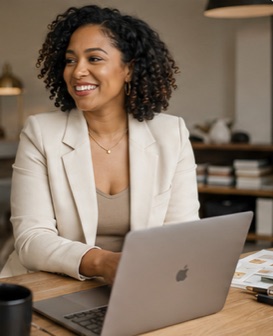 A founder at her desk, smiling mid-conversation