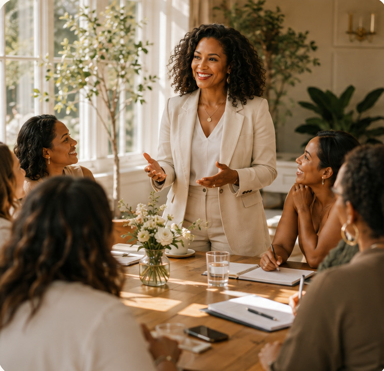 The coach leading a founder workshop around a sunlit table