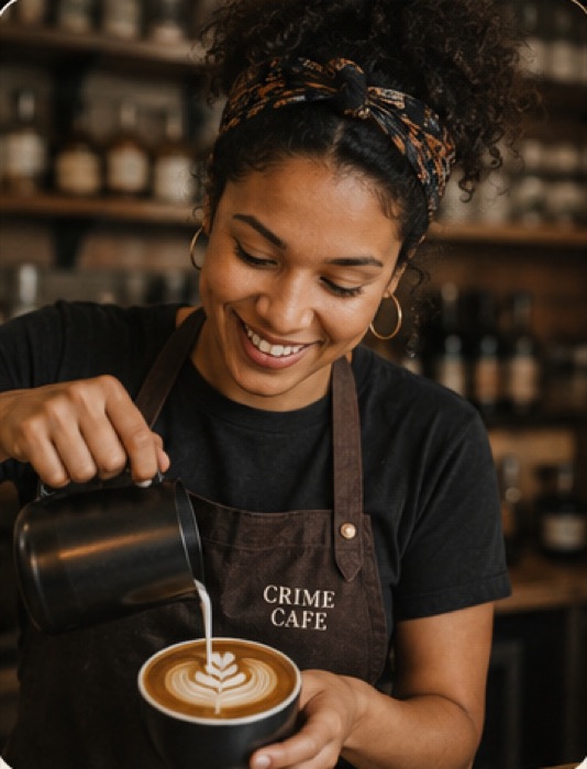 A barista pouring latte art into a Crime Cafe cup
