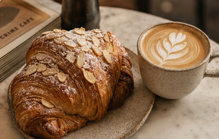 An almond croissant beside a latte on a marble table