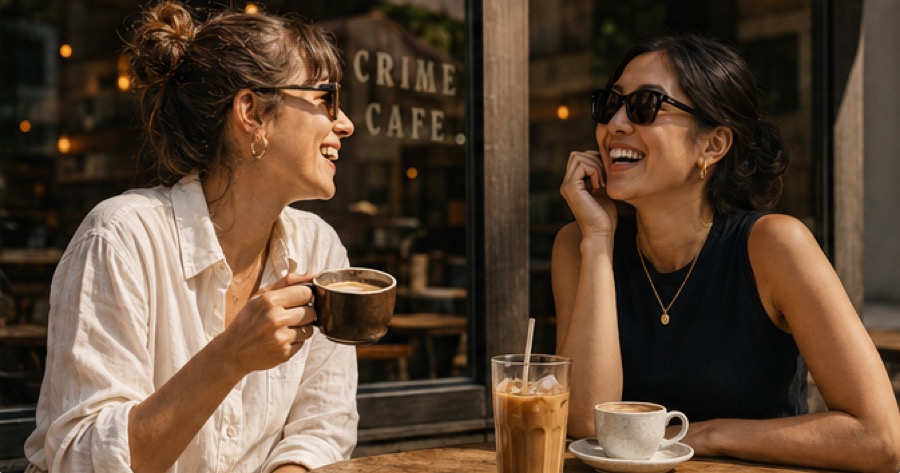 Two friends laughing over coffee at the window