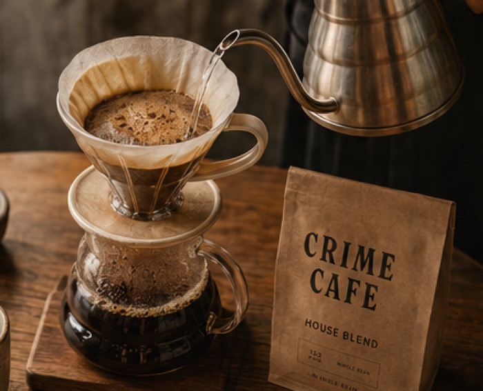 A pour-over being brewed beside a bag of house blend