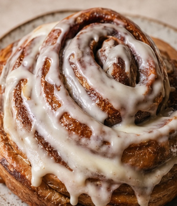 An iced cinnamon roll