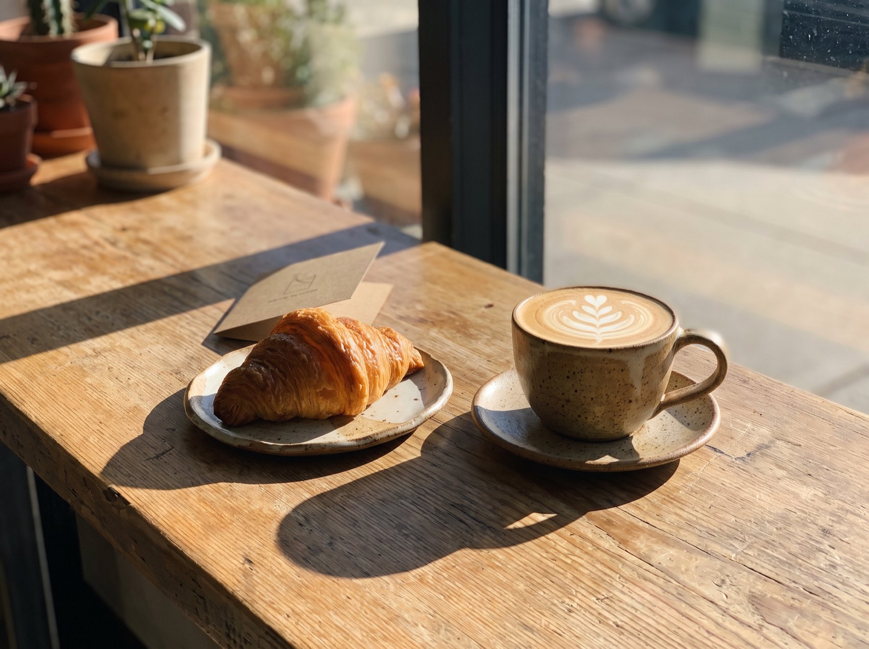 A ceramic latte with rosetta art beside a butter croissant on a sunlit cafe table