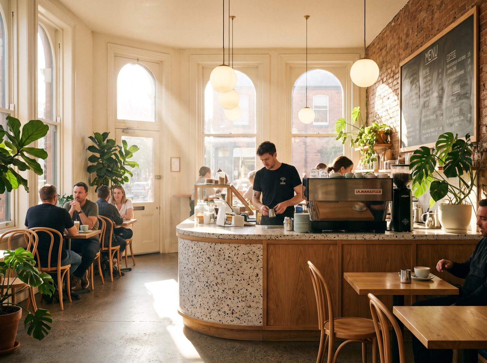 The sunlit cafe interior with a curved counter and baristas at work