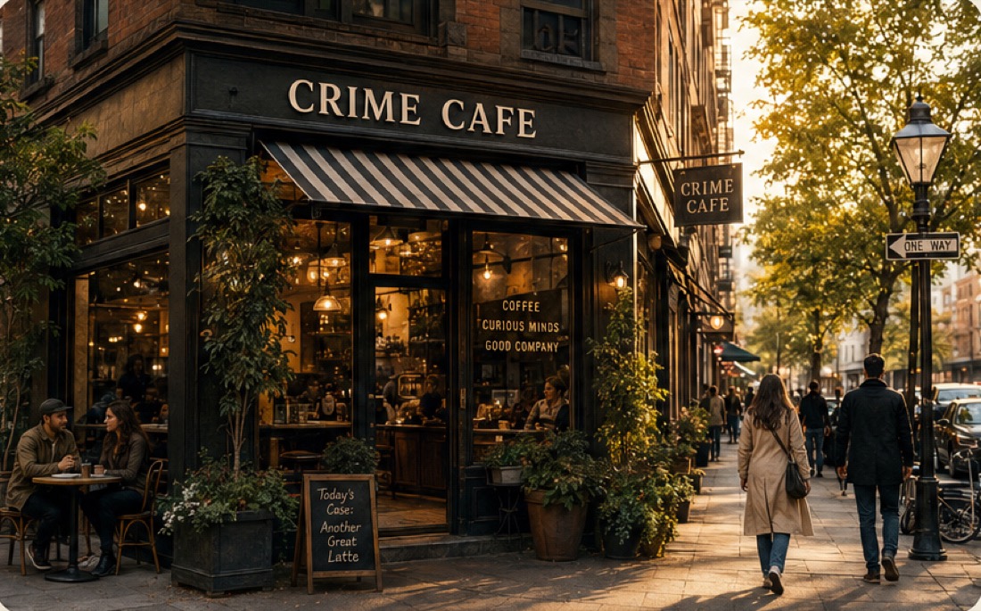 The Crime Cafe corner storefront with a striped awning and sidewalk tables