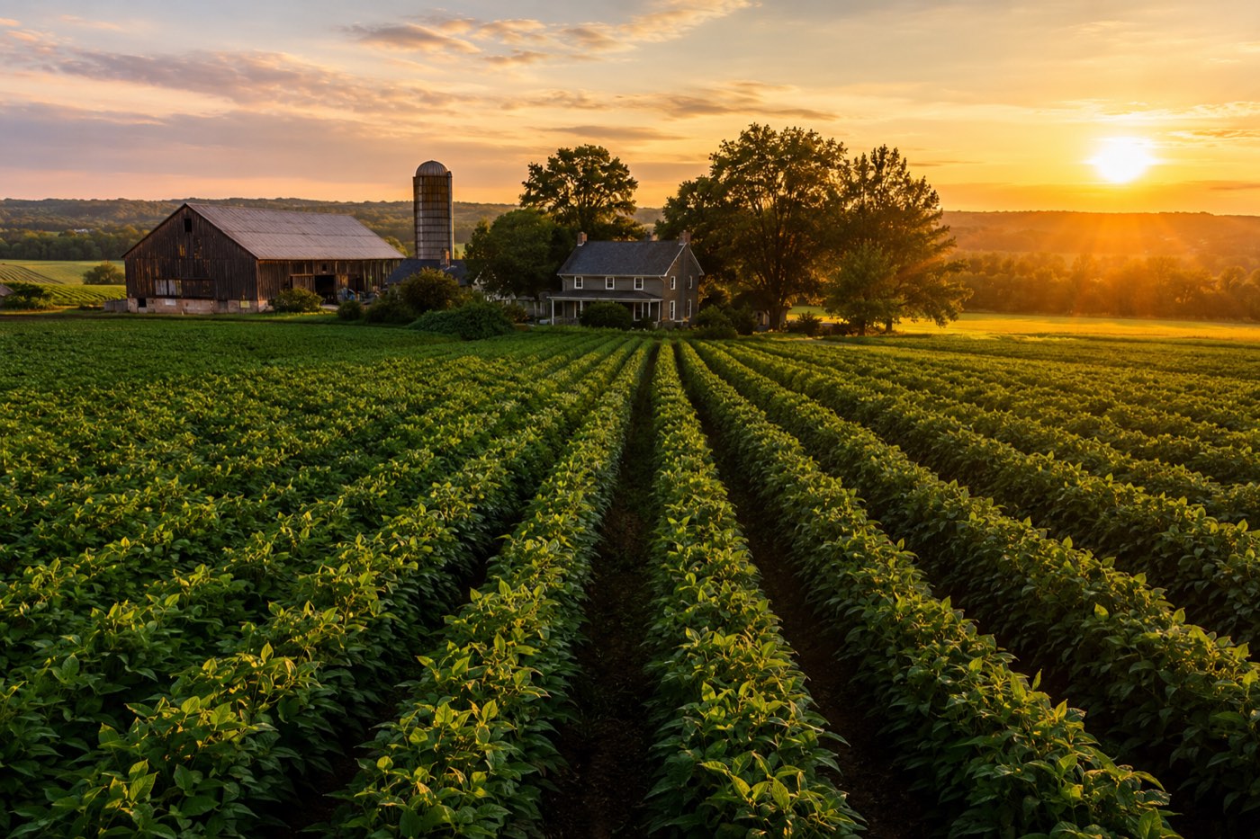 The farm's crop rows from above