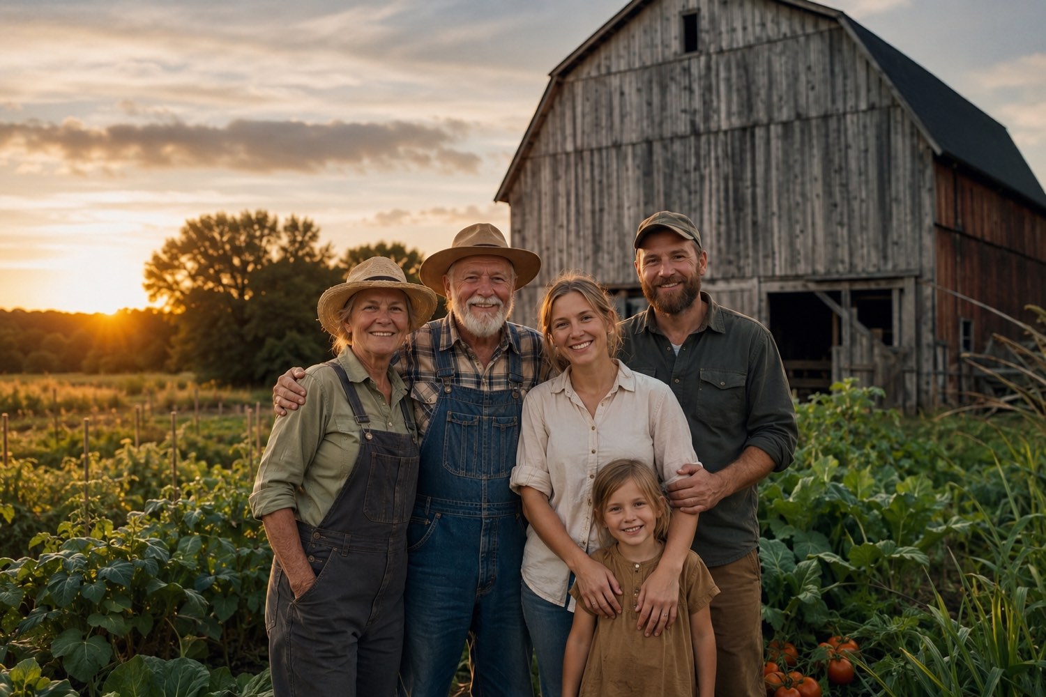 The whole farm family gathered in front of the barn at sunset