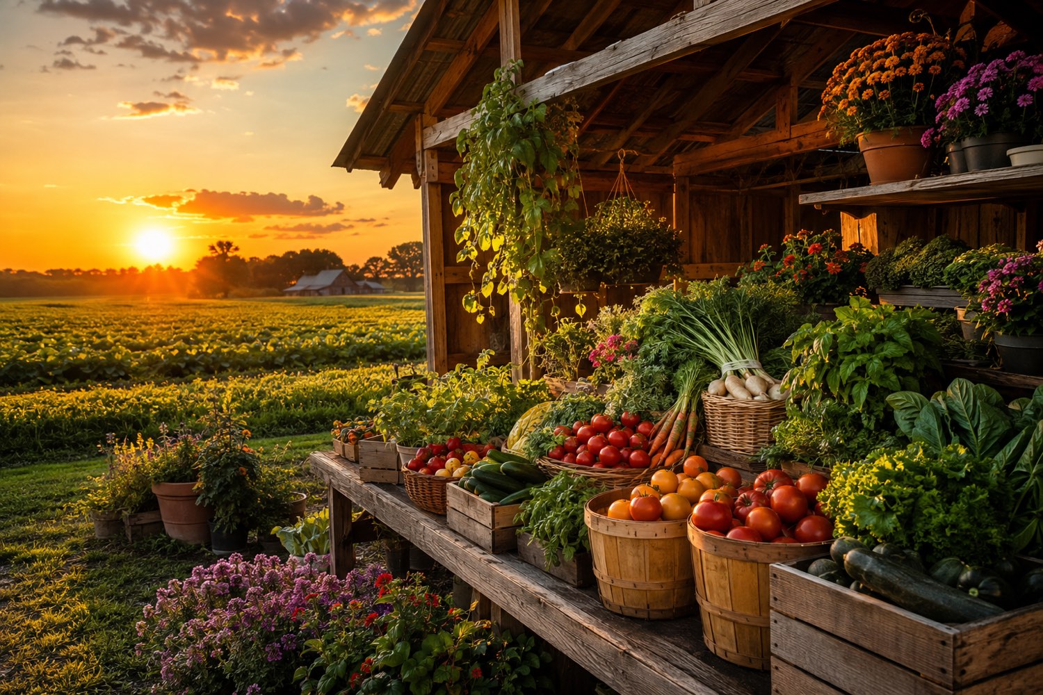 The farm stand glowing at sunset, stocked with the day's harvest