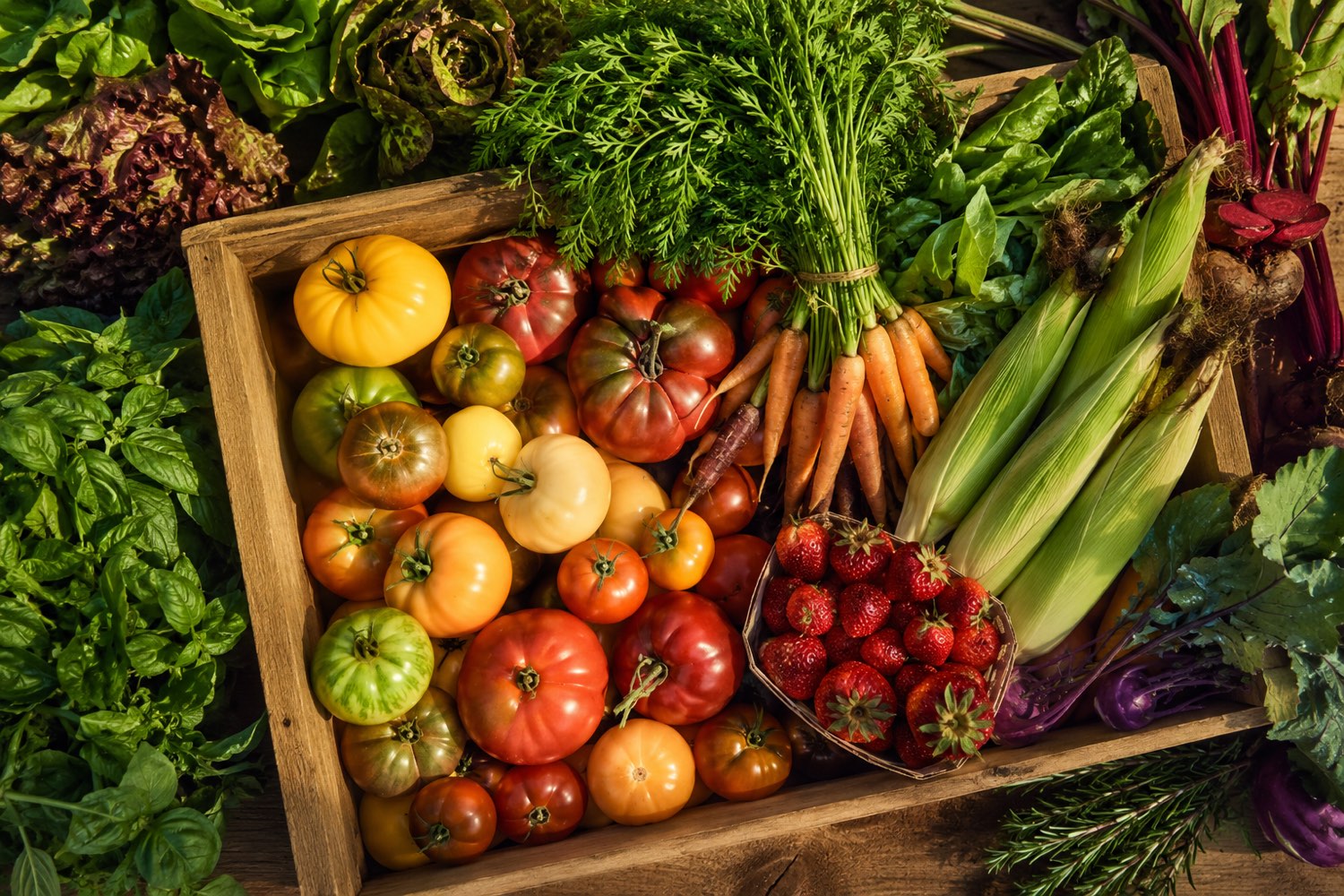 A wooden crate packed with greens, tomatoes, corn and berries