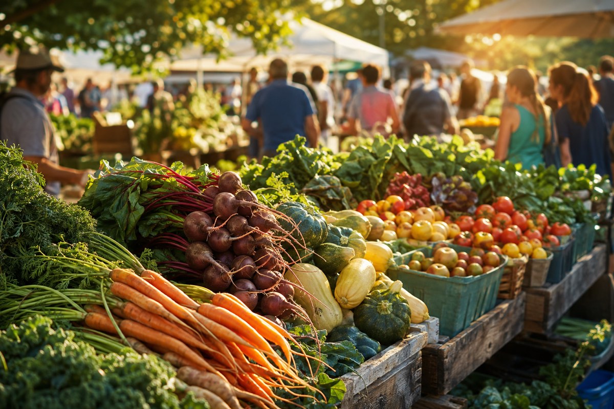 Neighbors shopping the farmers market stand