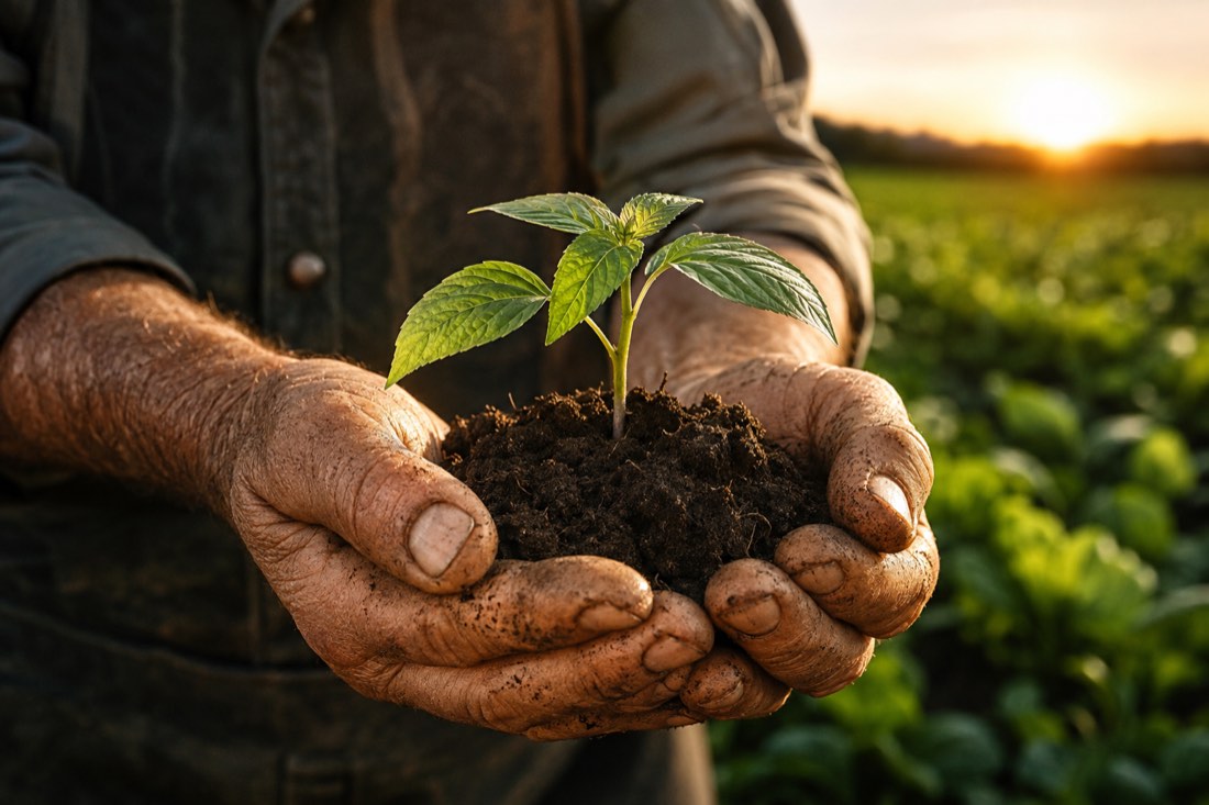 Hands cradling soil and a seedling