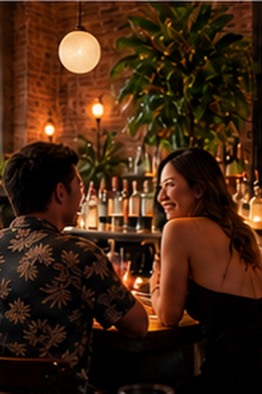 A couple talking at the cocktail bar