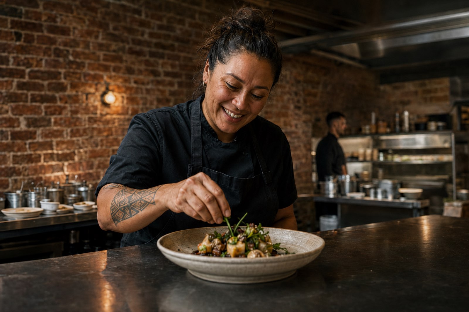 The executive chef smiling while plating a dish at the pass