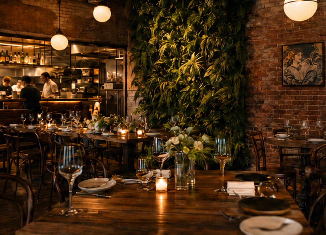 The candlelit dining room with a living green wall