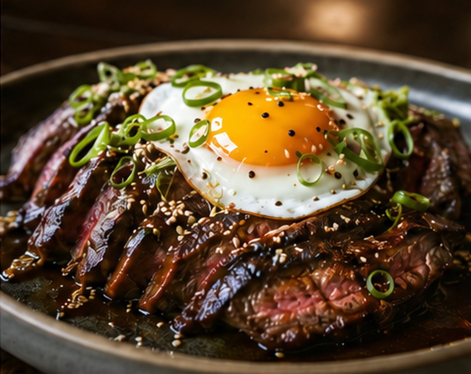 Sliced bavette steak with a fried egg