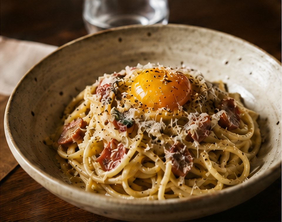 A bowl of carbonara topped with an egg yolk