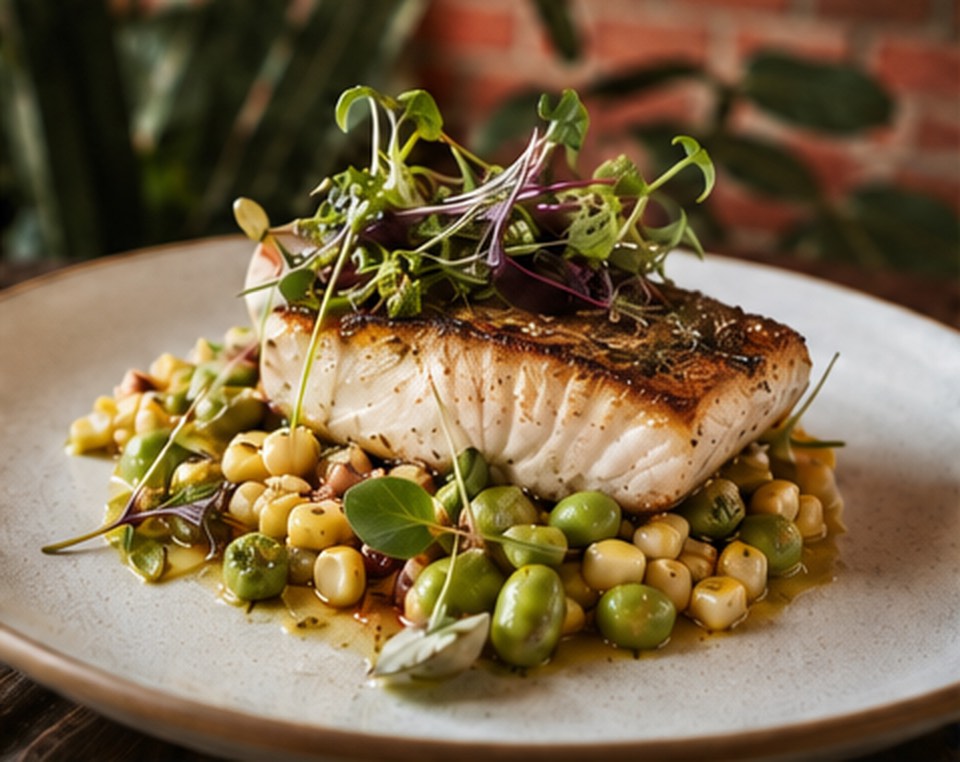Seared fish over sweet corn and edamame