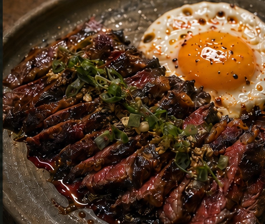 Seared steak topped with a farm egg
