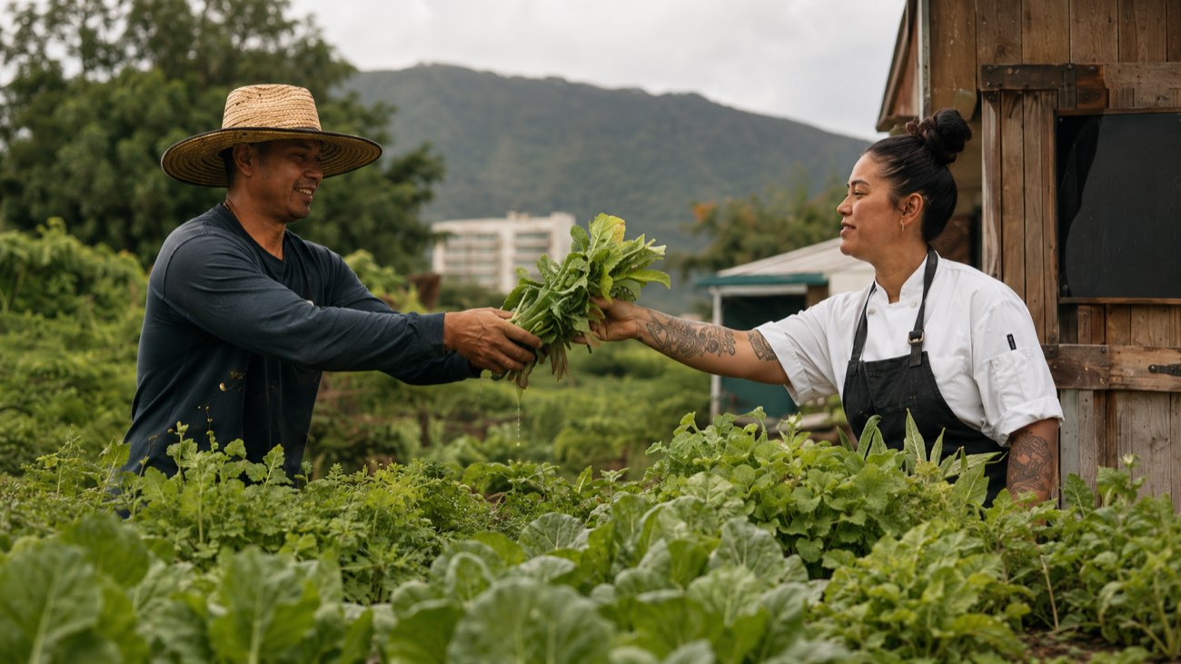A farmer handing fresh greens to a chef at the farm gate