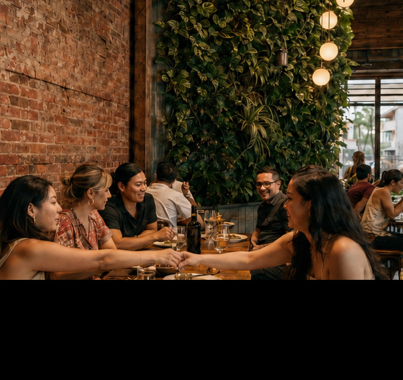 Friends sharing plates at a long wooden table beside a living green wall
