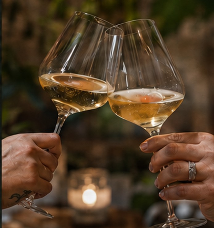 Two glasses of white wine raised in a toast
