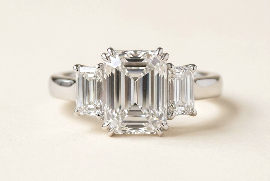 Emerald cut three stone ring in platinum