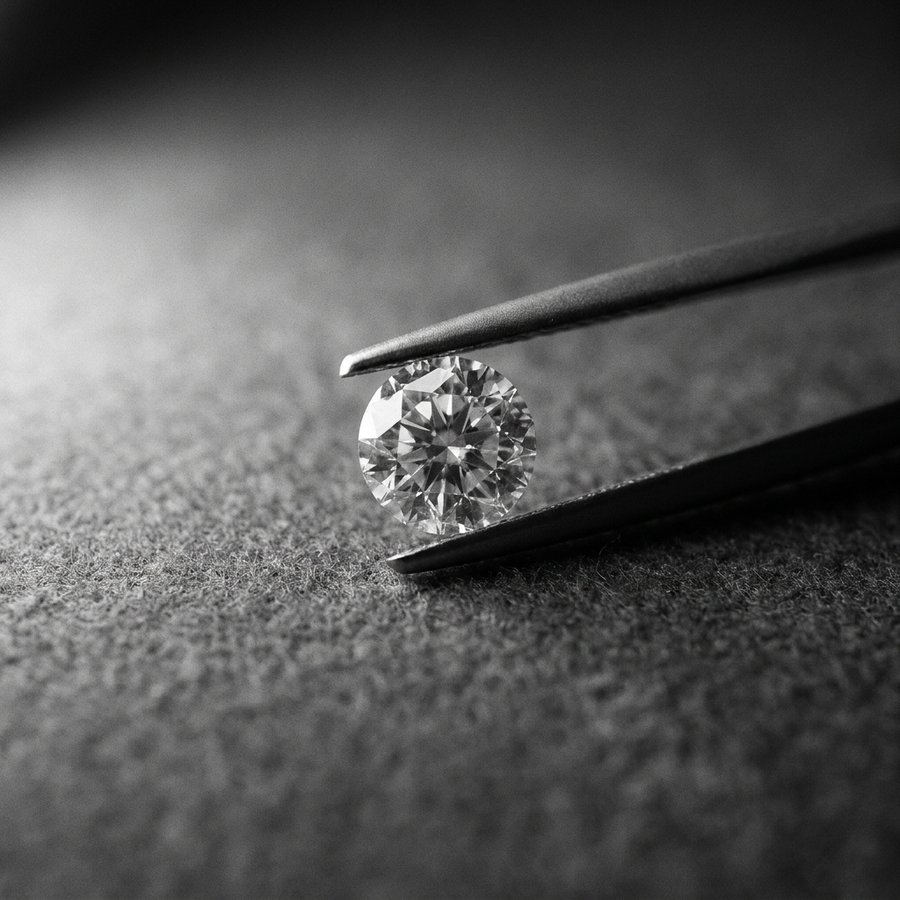 A round diamond held in tweezers