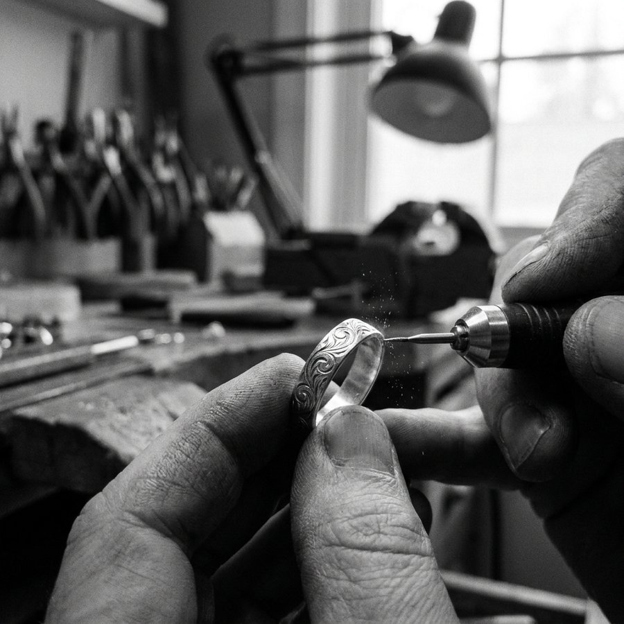 A jeweler engraving a band by hand
