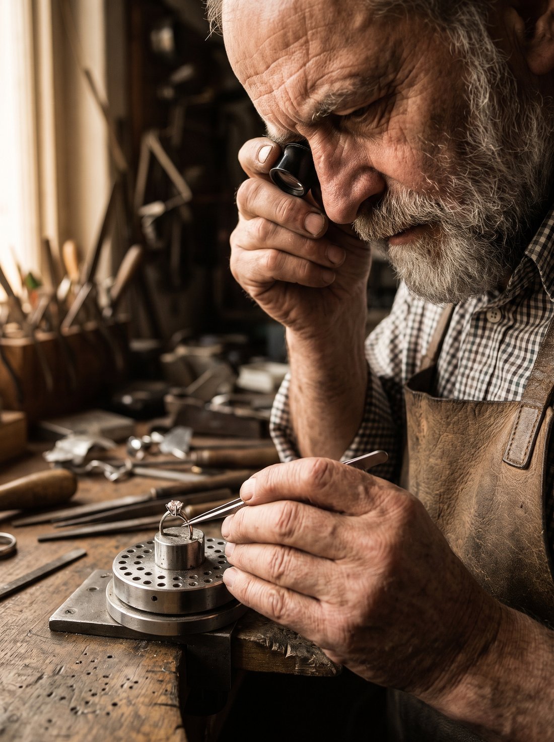 A master jeweler inspecting a diamond ring through a loupe
