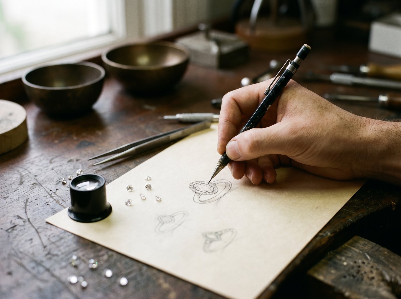 A designer sketching an oval halo ring beside loose diamonds