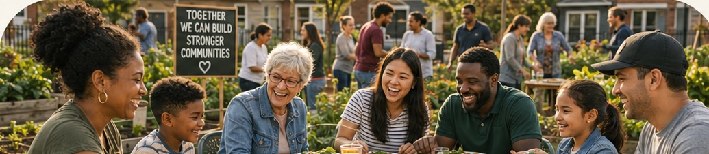 Neighbours sharing a meal in the community garden