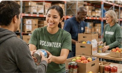Volunteers handing out groceries at a food drive