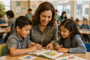 A teacher reading with children at a learning day