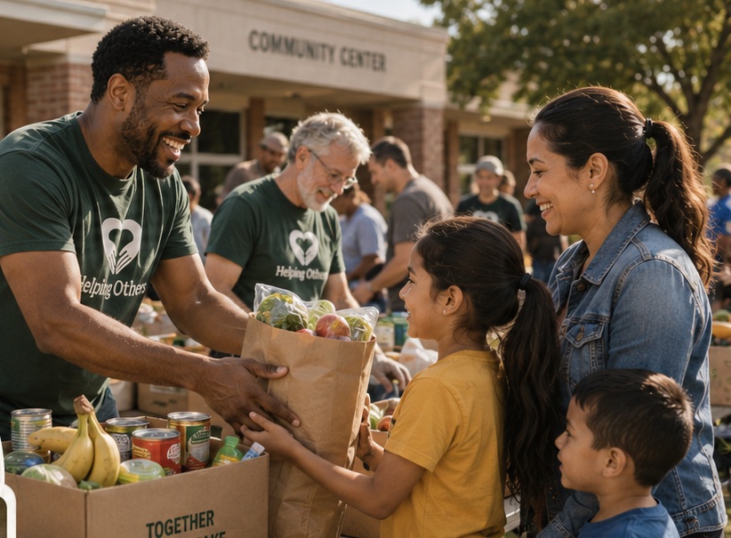 A volunteer handing a bag of groceries to a family at a community centre food drive