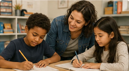 A mentor helping two children with schoolwork