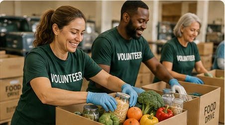 Volunteers packing fresh produce into food drive boxes
