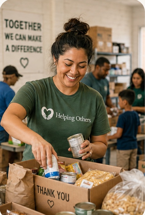 A volunteer sorting canned goods into a donation box