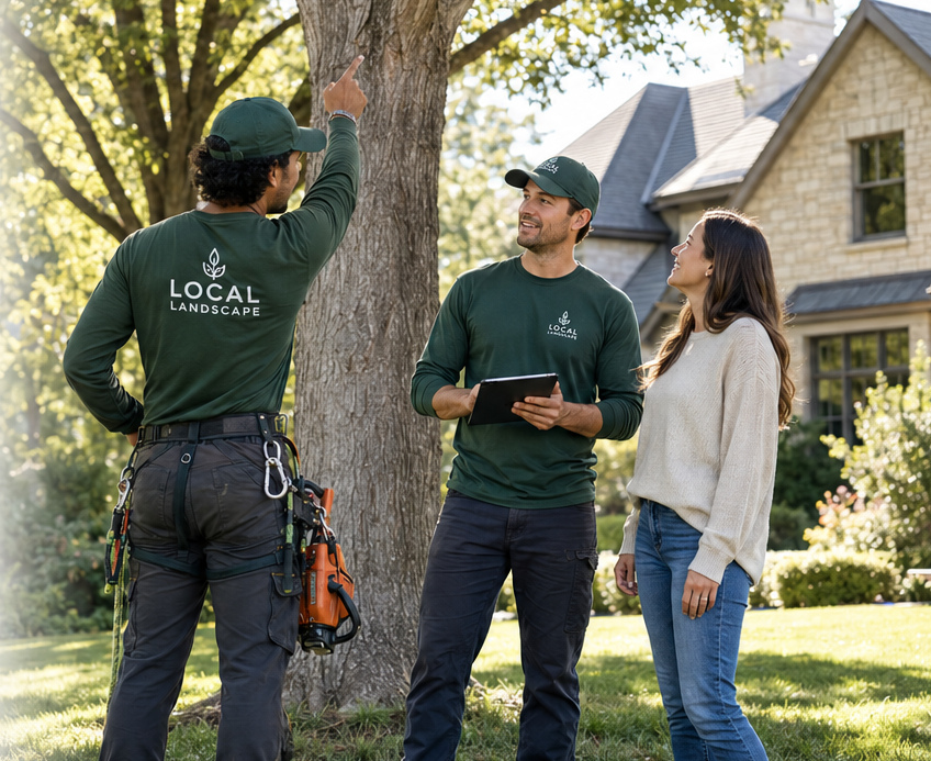 An arborist pointing up at a tree while talking with two homeowners