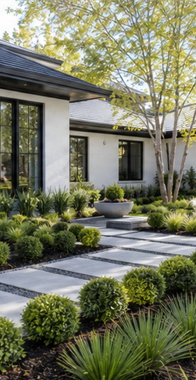 A modern front yard with paver walkway and shaped shrubs
