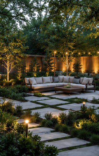 A lit backyard patio with layered planting at dusk