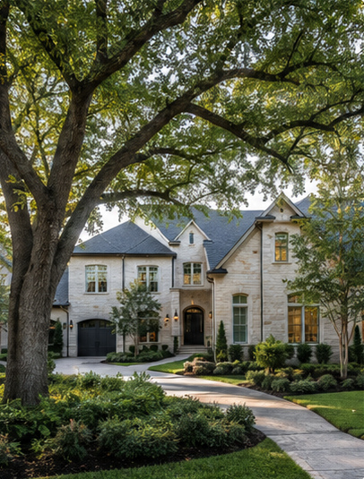 A mature shade tree framing a stone home