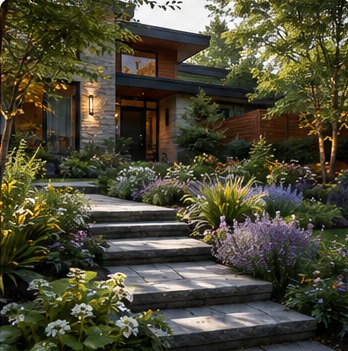 A designed garden path with stone steps and planting