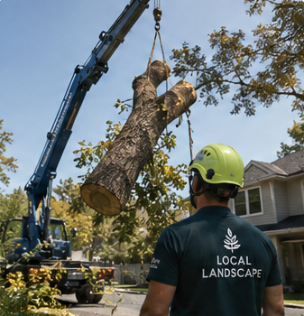 A crane lifting a large tree section clear of a property
