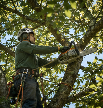 An arborist trimming branches while roped into a tree