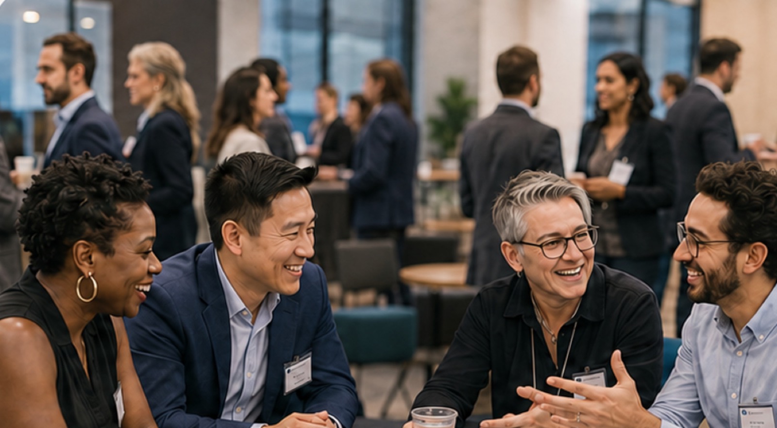 A table of members laughing mid-conversation at a mixer