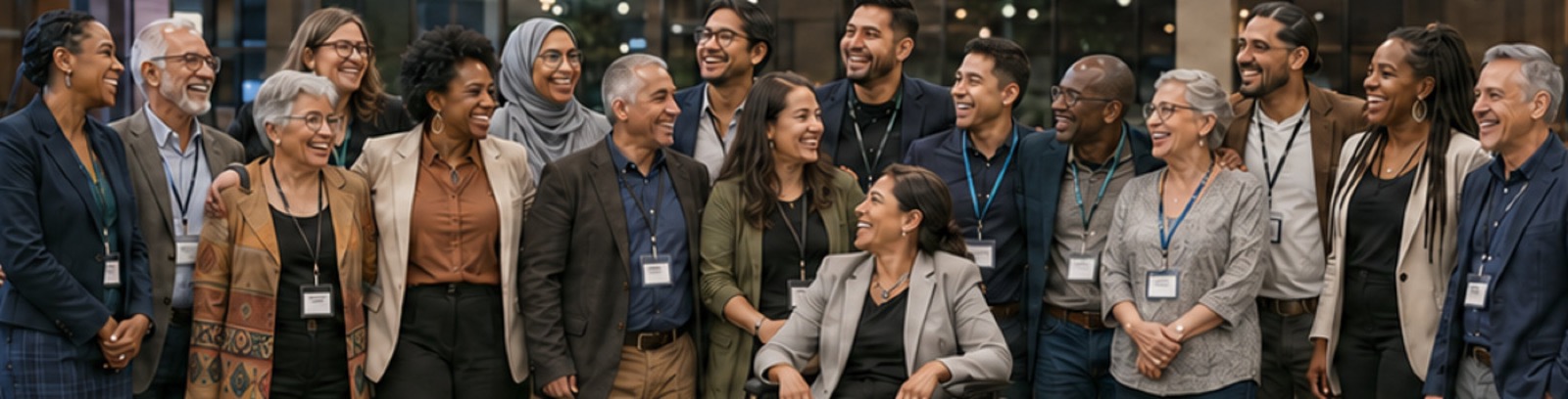 The community gathered at an evening event, name tags on