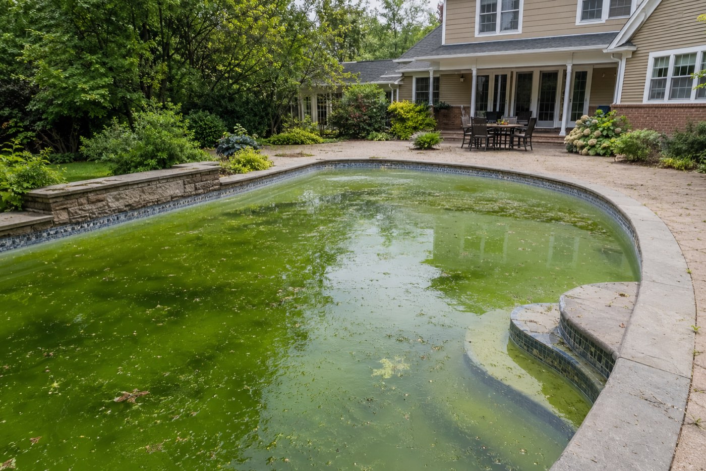 A green pool alongside the same pool restored to clear blue